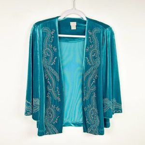 Chico’s Travelers Teal Blue Green Velvet Cardigan Silver Embellishments Size XS